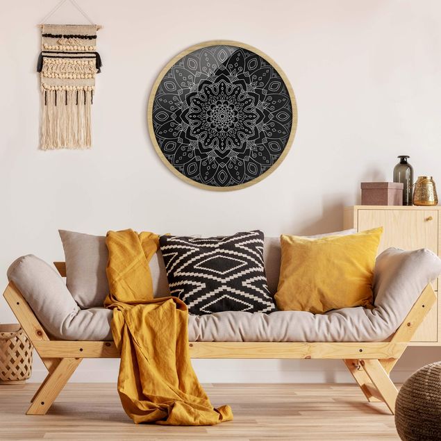 Wanddeko über Sofa Mandala Blüte Muster silber schwarz