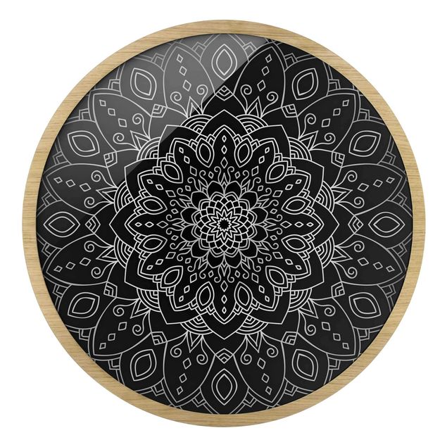 Wanddeko schwarz Mandala Blüte Muster silber schwarz