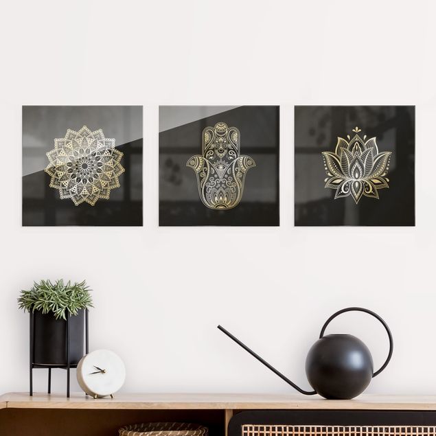 Wanddeko Schlafzimmer Mandala Hamsa Hand Lotus Set auf Schwarz