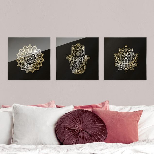 Wanddeko Flur Mandala Hamsa Hand Lotus Set auf Schwarz