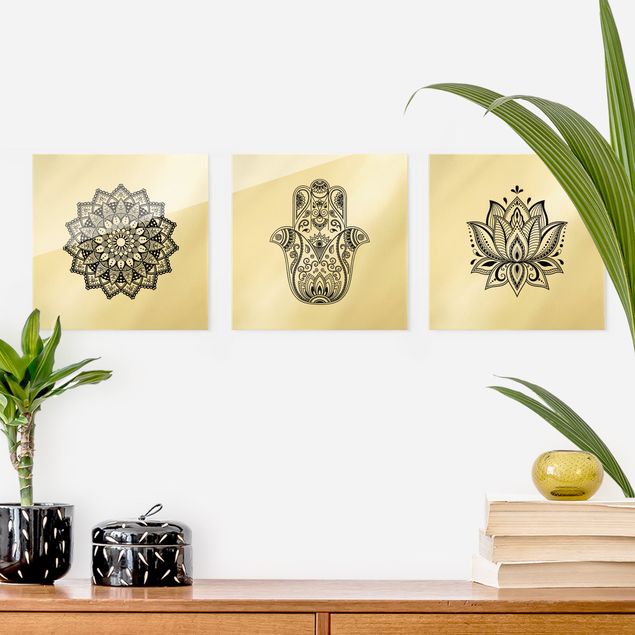 Wanddeko Schlafzimmer Mandala Hamsa Hand Lotus Set auf Weiß