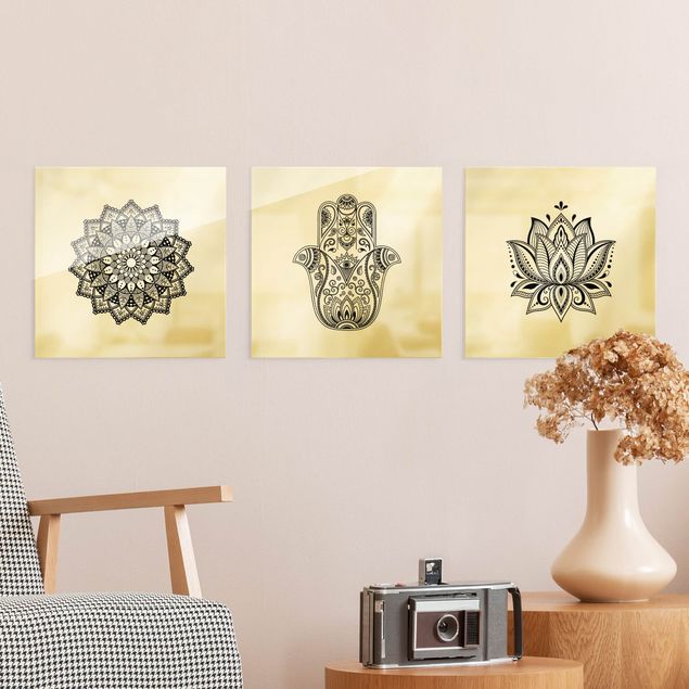 Wanddeko Büro Mandala Hamsa Hand Lotus Set auf Weiß