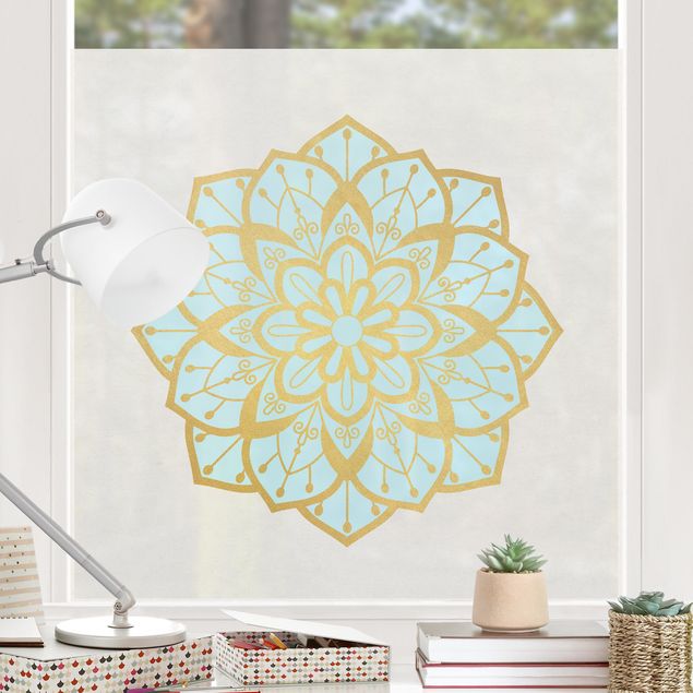 Wanddeko Schlafzimmer Mandala Illustration Blüte hellblau gold
