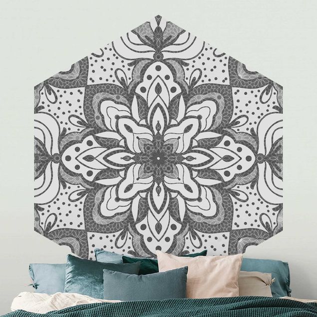 Wanddeko Schlafzimmer Mandala mit Raster und Punkten in Grau