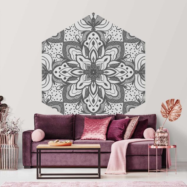 Wanddeko Esszimmer Mandala mit Raster und Punkten in Grau