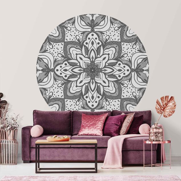 Wanddeko Wohnzimmer Mandala mit Raster und Punkten in Grau