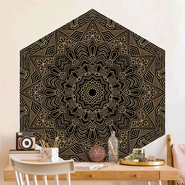Wanddeko Schlafzimmer Mandala Stern Muster gold schwarz