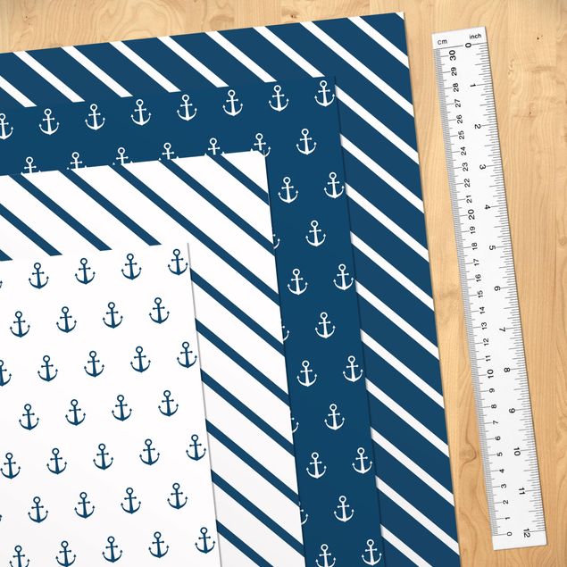 Wanddeko Büro Maritimes Anker Quadrate Set - Polarweiss Preussisch Blau