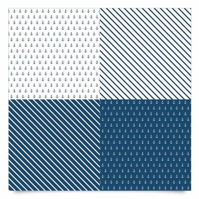 Wanddeko Streifen Maritimes Anker Quadrate Set - Polarweiss Preussisch Blau