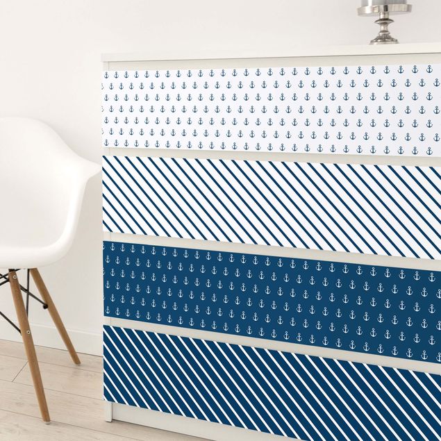 Wanddeko Schlafzimmer Maritimes Anker Streifen Set - Polarweiss Preussisch Blau