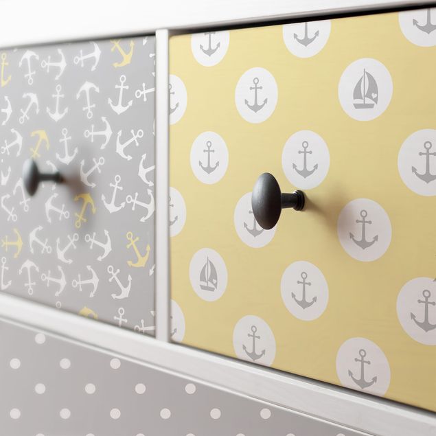 Wanddeko Esszimmer Maritimes Musterset Quadrate mit Anker, Streifen und Punkten