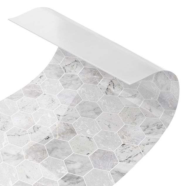 Küchenrückwand Folie Fliesenoptik Marmor Hexagon Fliesen - Hellgrau