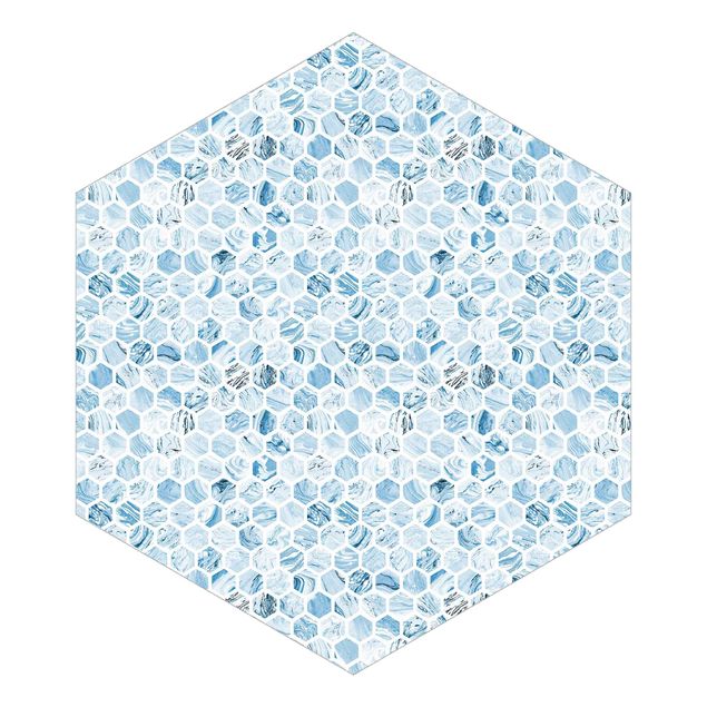 Wanddeko Esszimmer Marmor Hexagone Blaue Schattierungen