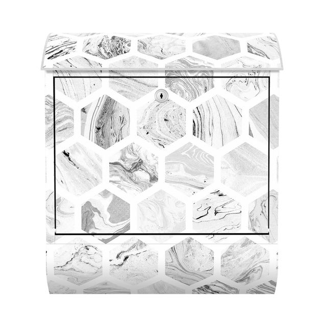 Wanddeko Muster Marmor Hexagone in Graustufen