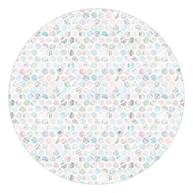 geometrische Tapete Marmor Hexagone Rose und Meerblau