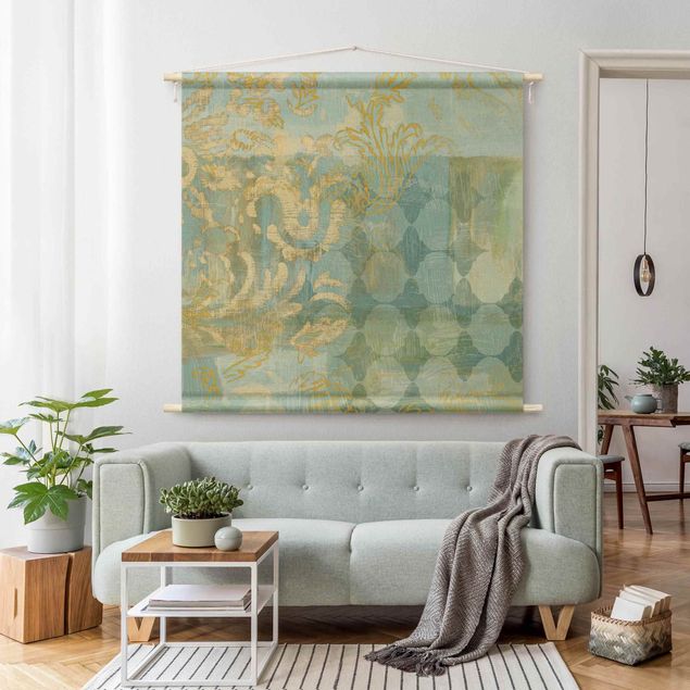 Wanddeko Schlafzimmer Marokkanische Collage in Gold und Türkis