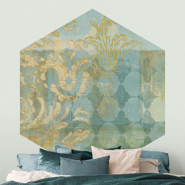 Wanddeko Schlafzimmer Marokkanische Collage in Gold und Türkis