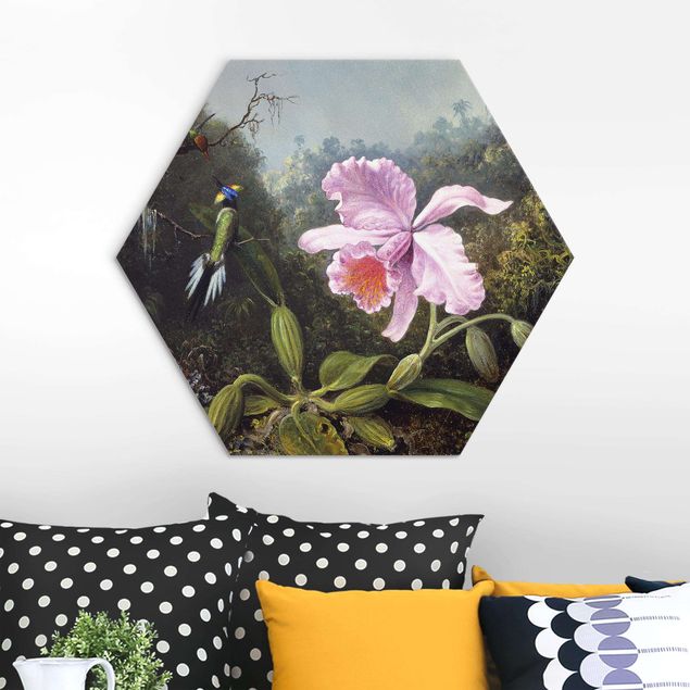 Wandbilder Orchideen Martin Johnson Heade - Stillleben mit Orchidee und zwei Kolibris