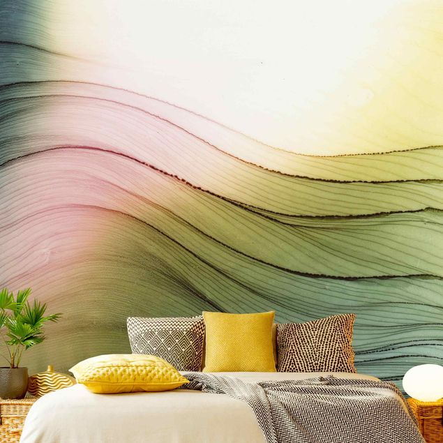 Wanddeko Schlafzimmer Melierter Farbtanz Rosa Gelb mit Türkis