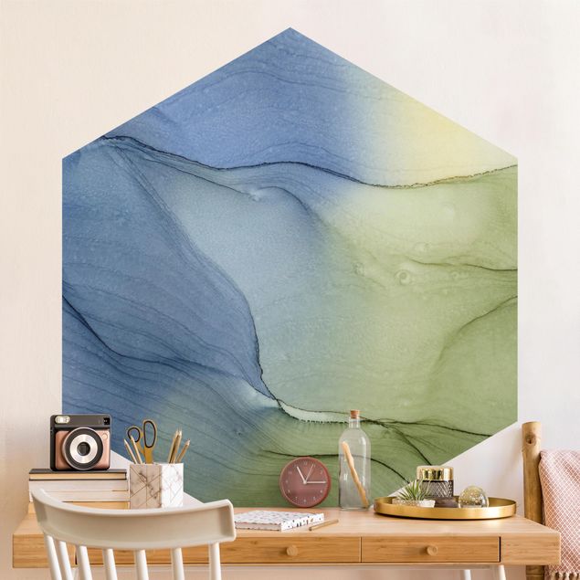 Wanddeko Schlafzimmer Meliertes Blaugrau mit Moosgrün