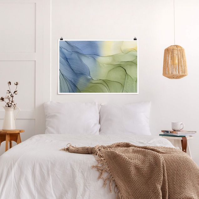 Wanddeko Schlafzimmer Meliertes Blaugrau mit Moosgrün