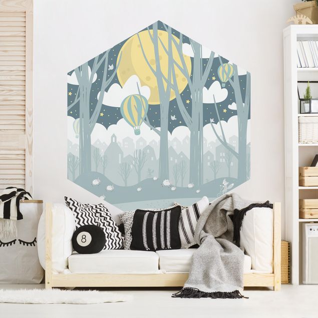 Wanddeko Babyzimmer Mond mit Bäumen und Häusern