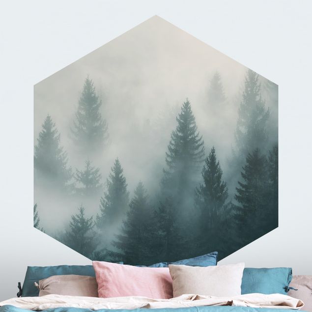 Wanddeko Schlafzimmer Nadelwald im Nebel