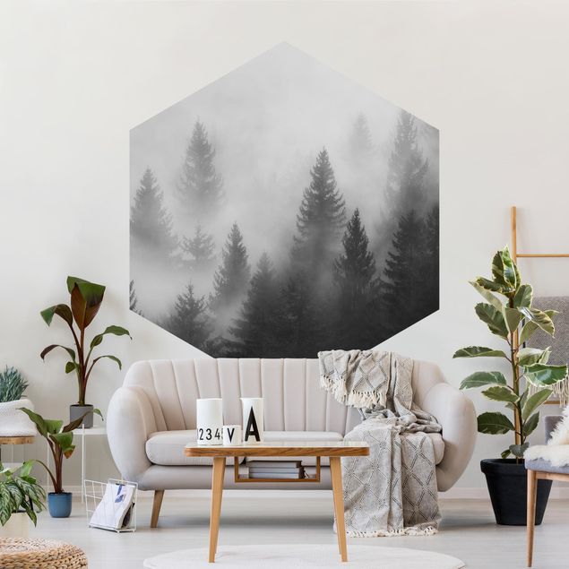 Wanddeko Esszimmer Nadelwald im Nebel Schwarz Weiß