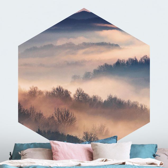 Wanddeko Schlafzimmer Nebel bei Sonnenuntergang