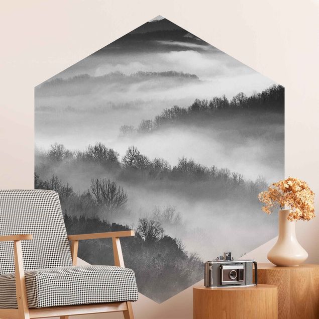 Wanddeko Schlafzimmer Nebel bei Sonnenuntergang Schwarz Weiß