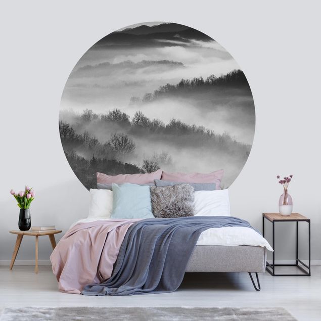 Wanddeko Wohnzimmer Nebel bei Sonnenuntergang Schwarz Weiß
