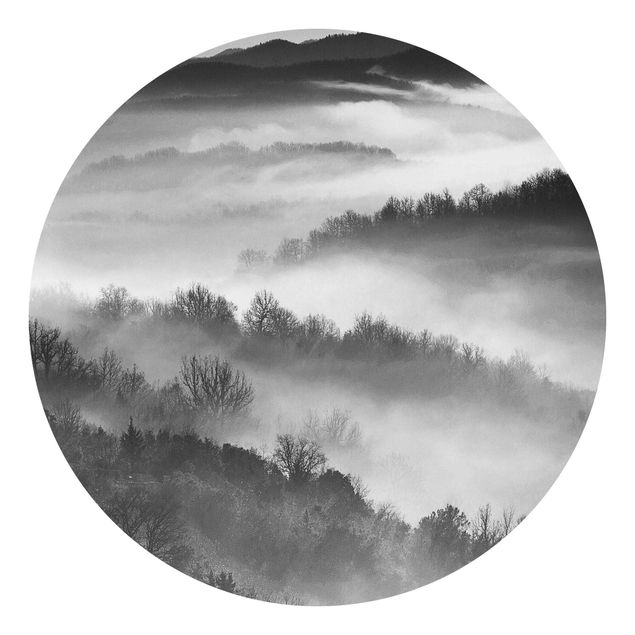 Wanddeko Flur Nebel bei Sonnenuntergang Schwarz Weiß