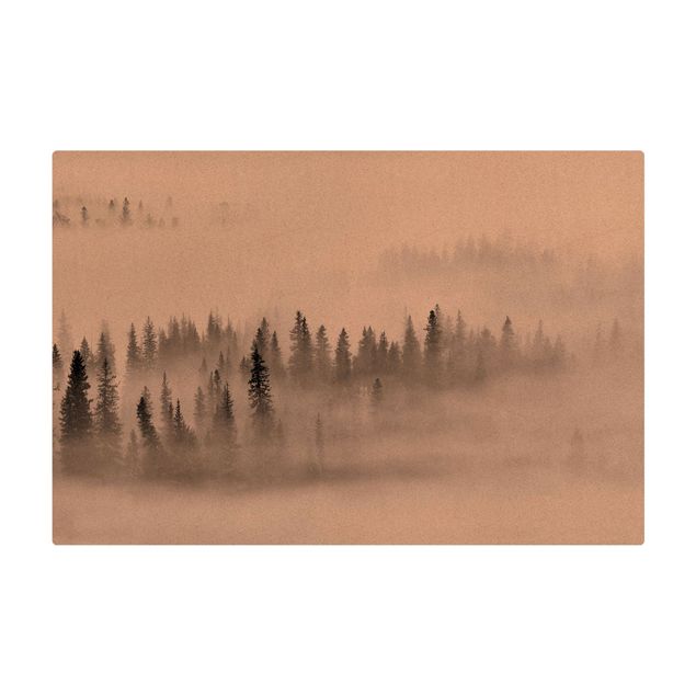 Wohndeko Bäume Nebel im Tannenwald Schwarz-Weiß