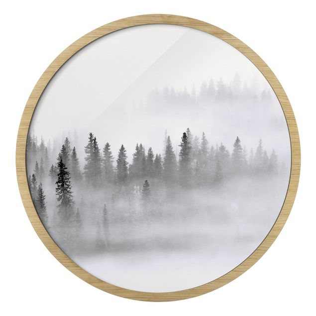 Wanddeko über Bett Nebel im Tannenwald Schwarz-Weiß