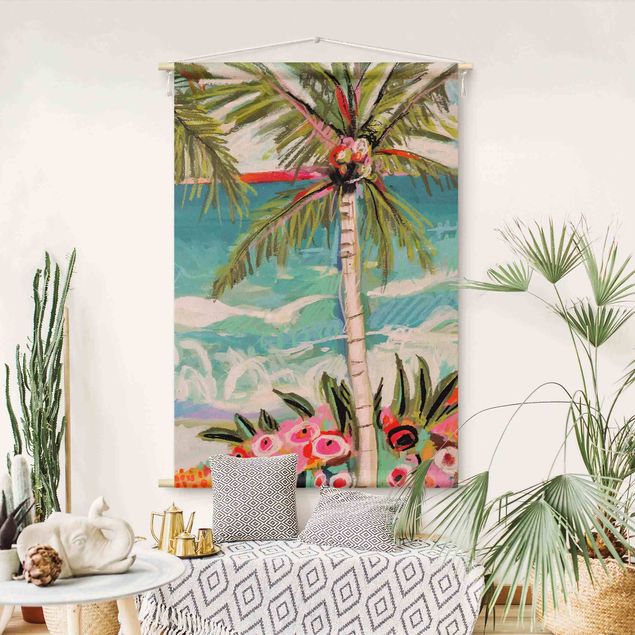 Wanddeko Wohnzimmer Palme mit pinken Blumen II