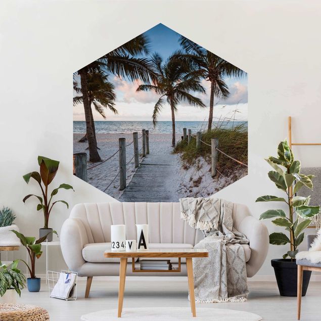 Wanddeko Esszimmer Palmen am Steg zum Meer