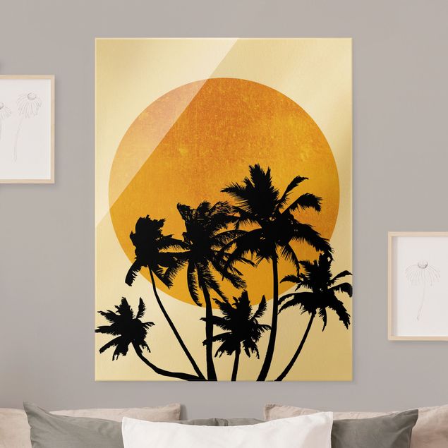 Wanddeko gold Palmen vor goldener Sonne