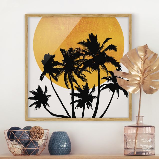 Wanddeko Wohnzimmer Palmen vor goldener Sonne