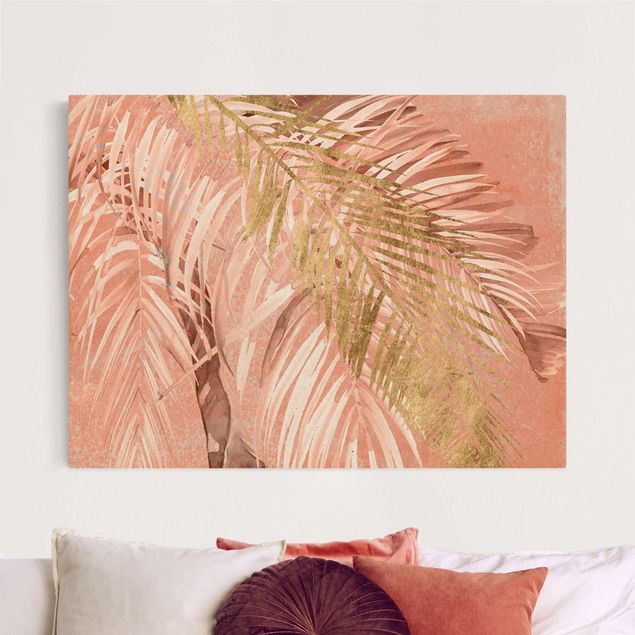 Wanddeko Wohnzimmer Palmenblätter Rosa und Gold II