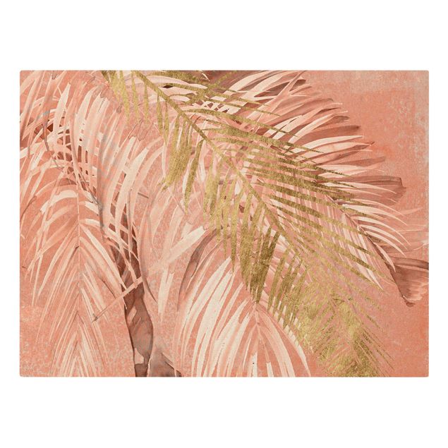 Wanddeko Esszimmer Palmenblätter Rosa und Gold II