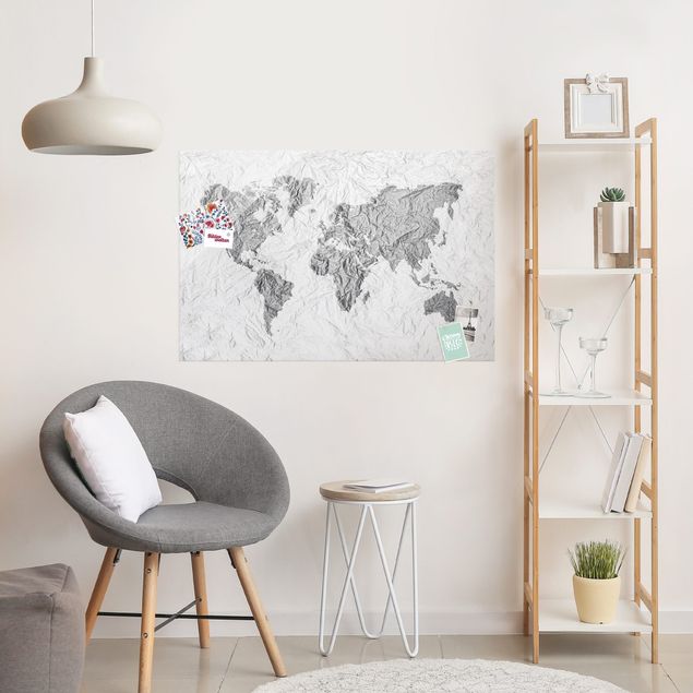 Wanddeko Schlafzimmer Papier Weltkarte Weiß Grau