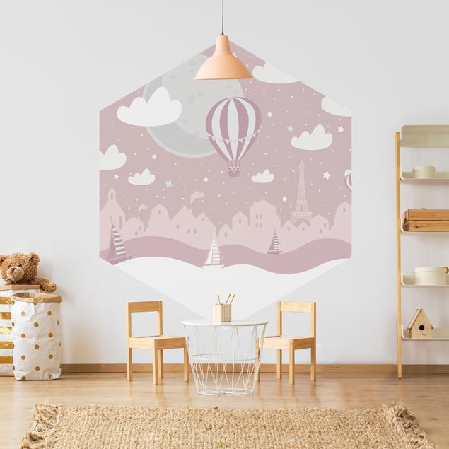 Wanddeko Babyzimmer Paris mit Sternen und Heißluftballon in Rosa