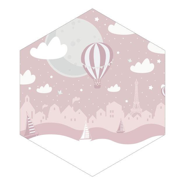 Wanddeko rosa Paris mit Sternen und Heißluftballon in Rosa