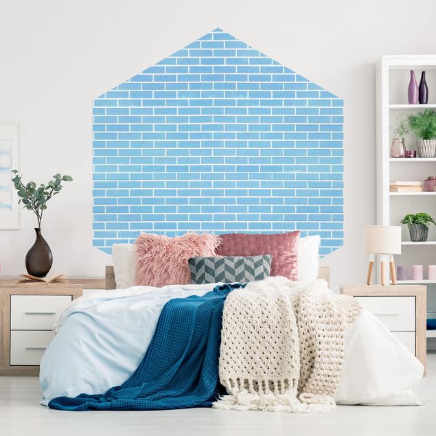 Wanddeko Schlafzimmer Pastellblaue Ziegelwand