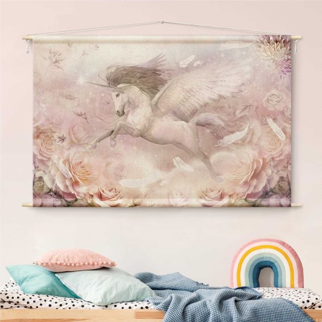 Wanddeko Mädchenzimmer Pegasus Einhorn mit Rosen