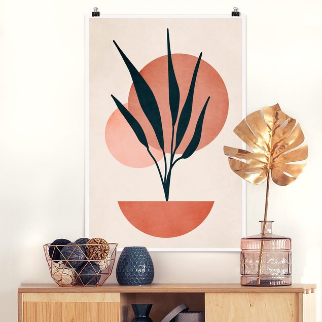 Wanddeko Büro Pflanze und abstrakte Formen in Rosa