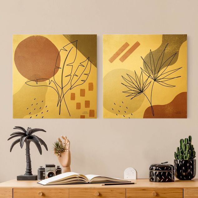 Wanddeko beige Pflanzenblätter Lineart und Terracotta Farben