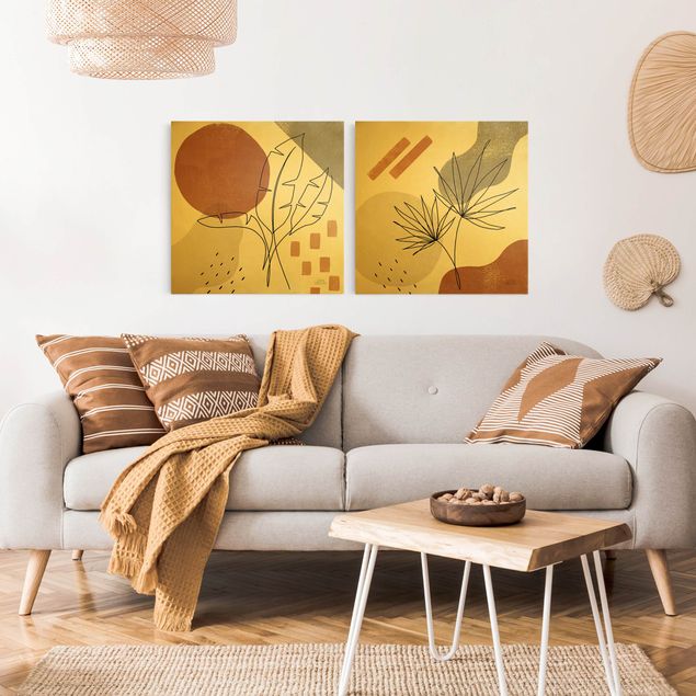 Wanddeko Wohnzimmer Pflanzenblätter Lineart und Terracotta Farben