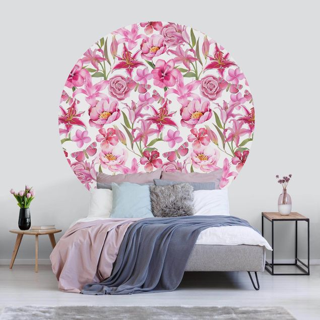 Wanddeko Schlafzimmer Pinke Blumen mit Schmetterlingen