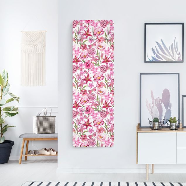 Wanddeko Büro Pinke Blumen mit Schmetterlingen